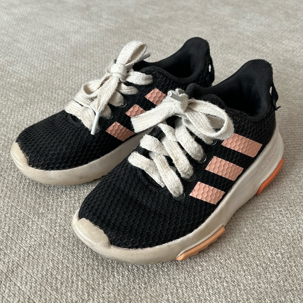 adidas Kids Black Sneakers with Pink Stripes and Cream Laces